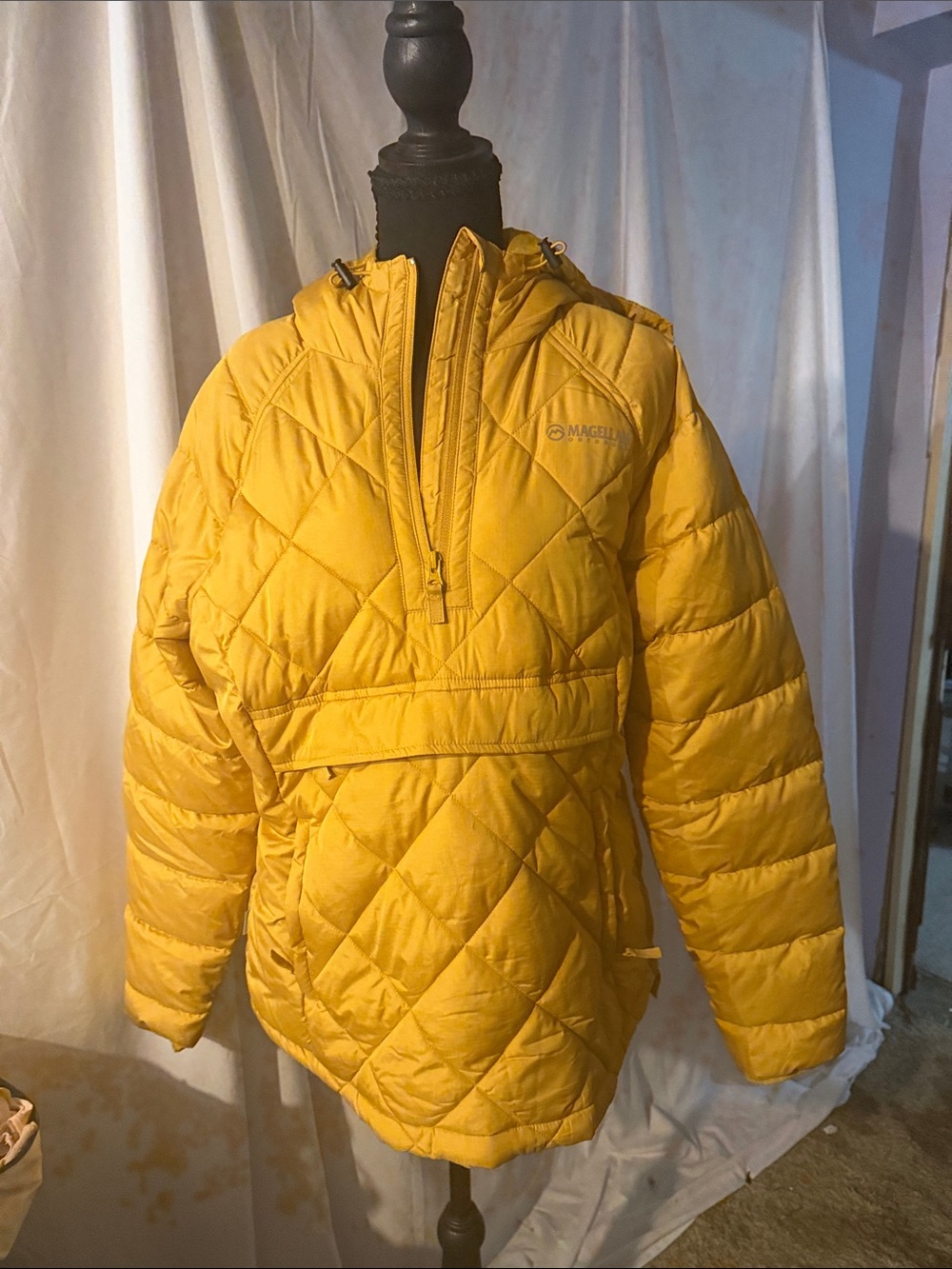 Magellan Outdoors Mustard Yellow Quilted Hooded Puffer Pullover